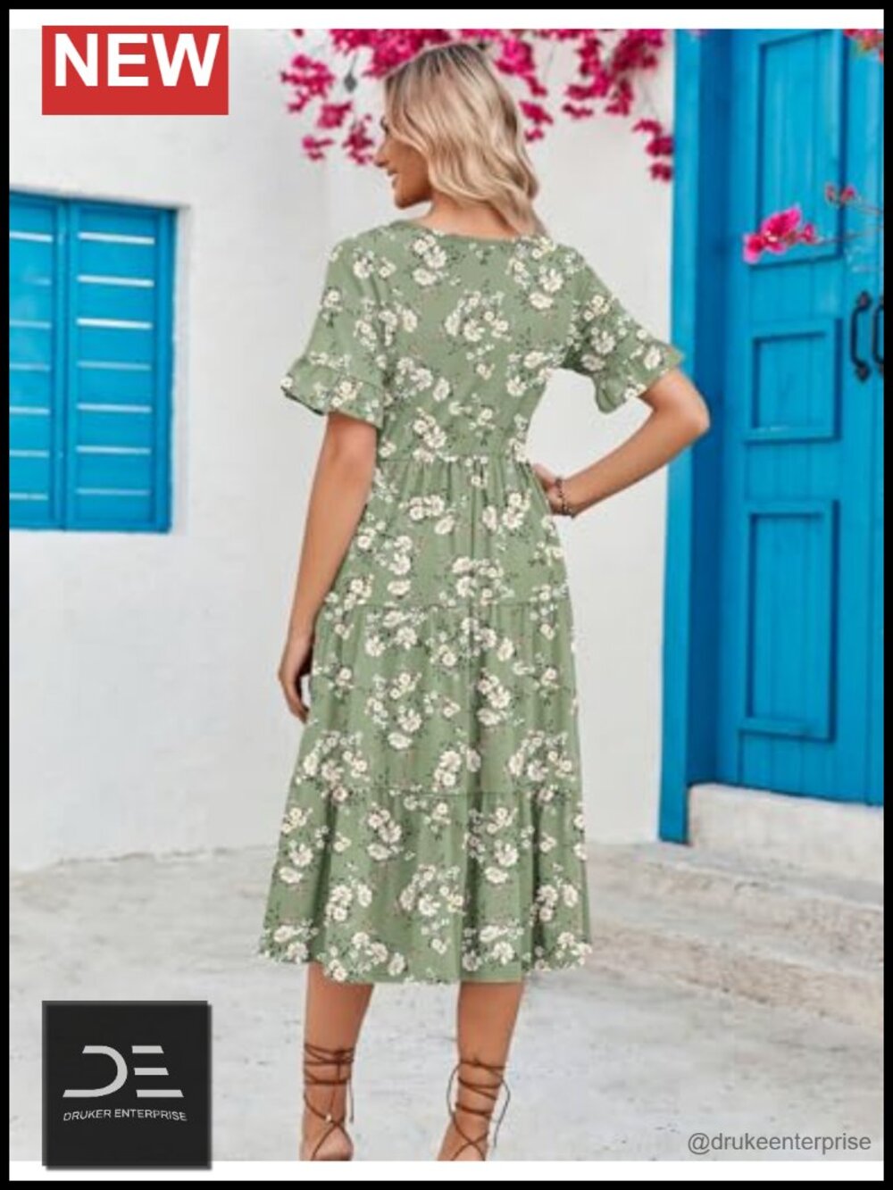 Women's Midi Casual Tiered Ruffle Short Sleeve Flowy Beach Dress with Pockets - Picture 5 of 6